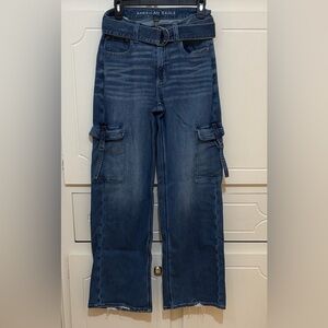 American Eagle Outfitters Dark Blue Wide-Leg Cargo Jeans with Belt